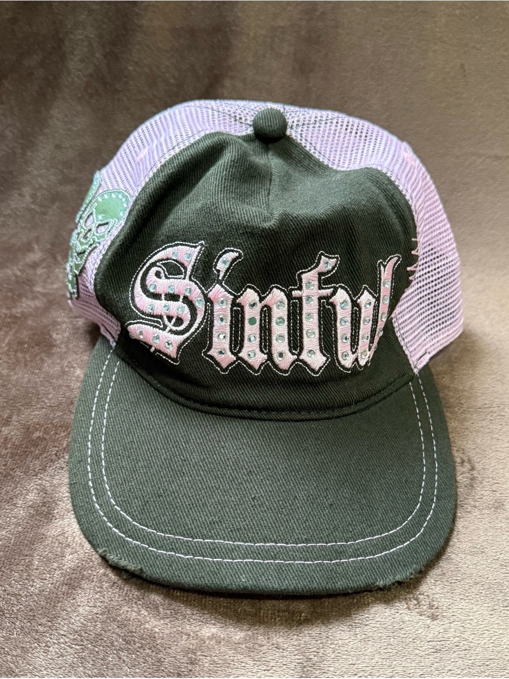 Sinful by Affliction SnapBack trucker hat Brown w/ Pink mesh & rhinestones